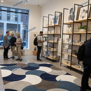 May include: A large rug featuring a pattern of overlapping circles in shades of blue, grey, and white. The rug is displayed in a modern shop setting with shelving and decorative items. The rug's design adds a contemporary touch to the room.