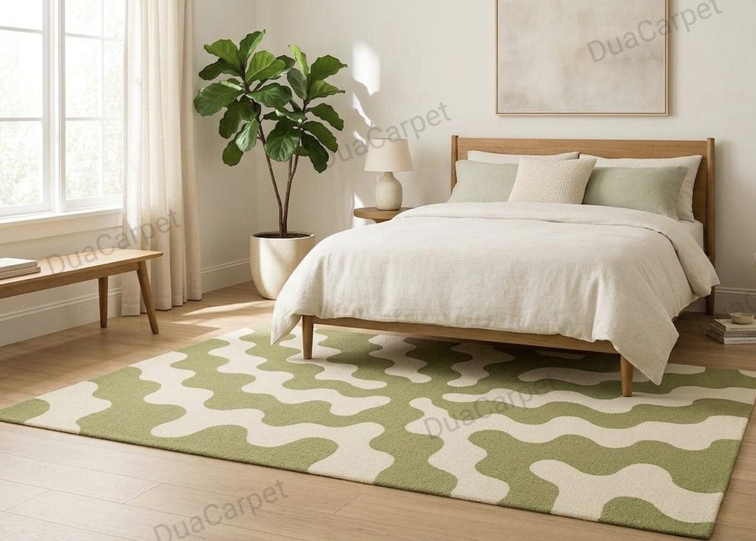 Hand Tufted Green & Ivory Wavy Rug – Organic Modern Pattern Carpet - Etsy