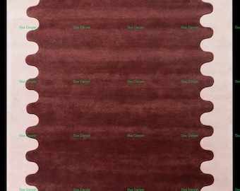 Scalloped Edge Modern Rug - Burgundy and Cream Hand-Tufted Area Rug - Wavy Border Plush Carpet for Living Room, Bedroom & Home Decor