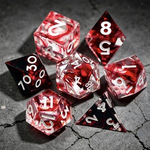Blood Red Swirl Resin Dice Set | Gothic Sharp Edge DND Dice with White Ink for Vampire TTRPG