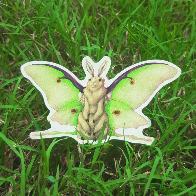 May include: A green and brown moth sticker with a rabbit-like creature in the center. The moth has large, green wings with black markings and a brown body. The rabbit-like creature has a white body with brown markings and long ears.