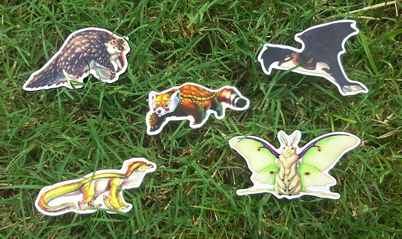 May include: Five colorful stickers featuring different animal illustrations. The stickers are on a green grassy background. The animals include a red panda, a moth, a bat, a lizard, and a pangolin.