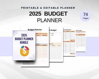 Pode incluir: Um planejador de orçamento 2025 imprimível e editável de 74 páginas, contendo vários modelos de documentos com tabelas para receitas, despesas e rastreamento de patrimônio líquido. A capa exibe o texto 2025 BUDGET PLANNER BUNDLE.