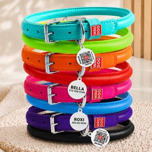 Puede incluir: Una pila de ocho collares redondos para mascotas en turquesa, verde lima, naranja, rojo, rosa, azul, morado y negro. Cada collar cuenta con una hebilla de metal plateado, una etiqueta de la marca WAU DOG y una placa de identificación metálica.