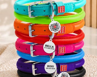 Personalisiertes Hundehalsband aus Leder mit QR ID-Tag, Benutzerdefiniertes rundes Haustierhalsband für kleine, mittelgroße und große Hunde
