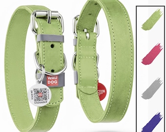 Collar de cuero para perro con etiqueta de identificación QR / Collar suave ajustable para perros pequeños, medianos y grandes / Hebilla y anilla en D de metal resistente / WAUDOG Classic