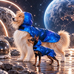 Peut inclure: Deux chiens portant des imperméables assortis à motif galaxie bleu avec capuche. Le plus grand chien est une race à poils longs avec une fourrure brun clair, et le plus petit est une race à poils courts noir et feu. Les deux manteaux ont un motif spatial bleu.