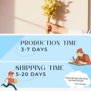 Puede incluir: Un ramo de hierba lagurus ovatus seca de color beige sostenido en una mano. Debajo, un gr&aacute;fico azul claro muestra el texto PRODUCTION TIME 3-7 DAYS y SHIPPING TIME 5-20 DAYS, con una ilustraci&oacute;n de una persona trabajando y otra corriendo con una caja.