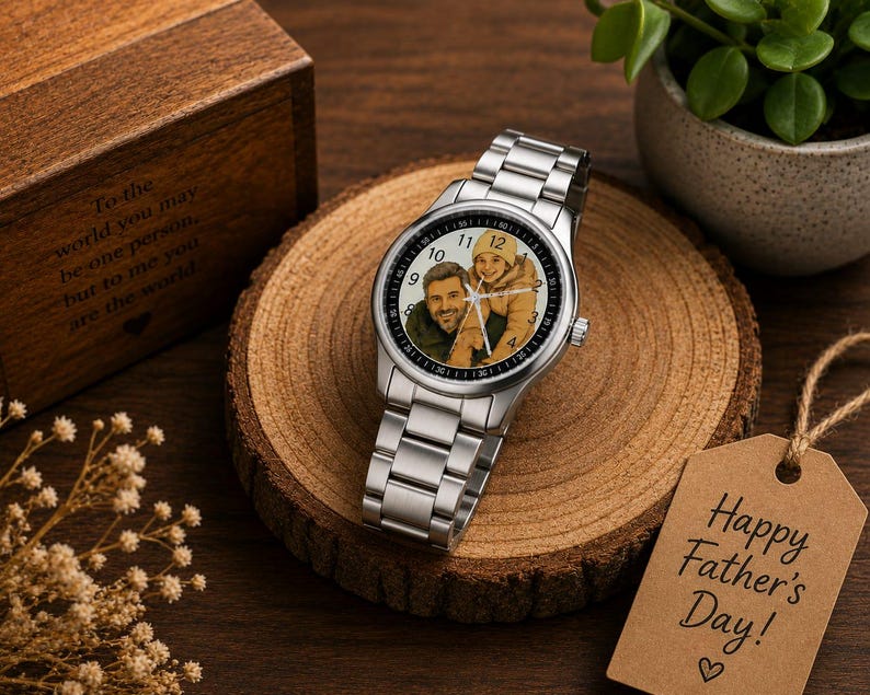 Puede incluir: Un reloj anal&oacute;gico de tono plateado con una esfera de foto personalizada que muestra a una persona y un ni&ntilde;o. El reloj tiene una correa de eslabones de acero inoxidable, una esfera redonda con n&uacute;meros negros y manecillas plateadas. Se presenta junto a una caja de madera con texto grabado y una etiqueta de papel marr&oacute;n que dice Happy Father's Day.