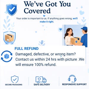 Puede incluir: Un gr&aacute;fico informativo con texto e iconos azules. Incluye el texto We've Got You Covered, Full Refund y detalles sobre art&iacute;culos da&ntilde;ados o incorrectos. Los iconos incluyen un escudo, un paquete, un cami&oacute;n de reparto y unos auriculares.