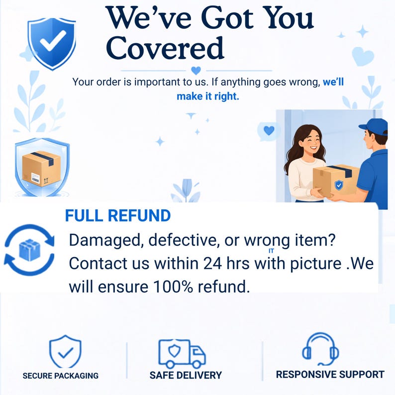 Puede incluir: Un gr&aacute;fico informativo con texto e iconos azules. Incluye el texto We've Got You Covered, Full Refund y detalles sobre art&iacute;culos da&ntilde;ados o incorrectos. Los iconos incluyen un escudo, un paquete, un cami&oacute;n de reparto y unos auriculares.