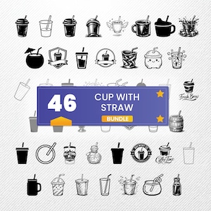 Pacote de SVGs de Copo com Canudo, 46 Silhuetas de Café Gelado, Clipart de Bebidas Geladas para Cricut, PNG de Chá de Boba, Vetor de Copo, SVG de Milkshake