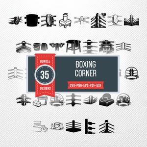 May include: A collection of 35 black and white boxing corner designs. The designs include boxing rings, buckets, stools, and other related equipment. The image also features the text "BOXING CORNER" and "35 DESIGNS".