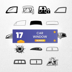 Può includere: Illustrazioni in bianco e nero di 17 finestrini per auto. L'immagine include varie forme di finestrini, un vetro rotto e uno striscione con la scritta "CAR WINDOW BUNDLE".