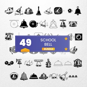 May include: A collection of 49 school bell illustrations in black and white. The images include various bell designs, some with text that reads "School Bell Bundle". The illustrations are in a variety of styles, from simple outlines to detailed drawings.