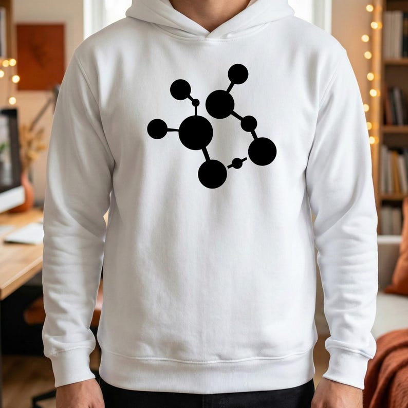 May include: White hoodie with a black molecular structure design. The graphic consists of interconnected circles and lines, forming a scientific or abstract pattern. The hoodie features a hood and a comfortable fit.