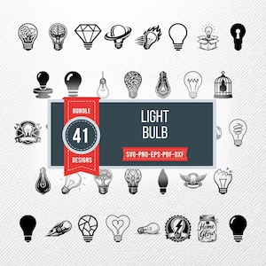 May include: A collection of 41 light bulb designs in black and white. The designs include various styles, such as floral, brain-shaped, and flame-themed bulbs. The image also includes the text "LIGHT BULB" and "41 DESIGNS".