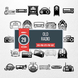 Op de afbeelding: Een verzameling van 29 vintage radio-ontwerpen in zwart en wit. De ontwerpen omvatten verschillende radiostijlen, van tafelmodellen tot draagbare boomboxen. De afbeelding bevat de tekst "OLD RADIO" en bestandsinfo.