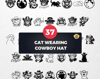SVG-bundel kat met cowboyhoed | 37 Clipart | PNG eps pdf dxf | Vectortekeningen