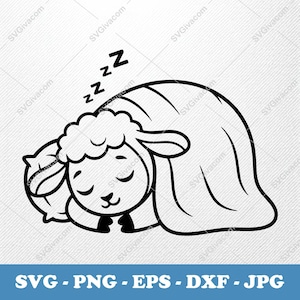 May include: Black and white illustration of a sleeping sheep, curled up under a blanket with the 'Z' symbols above its head. The sheep is resting on a pillow. The image includes the text 'SVG - PNG - EPS - DXF - JPG'.