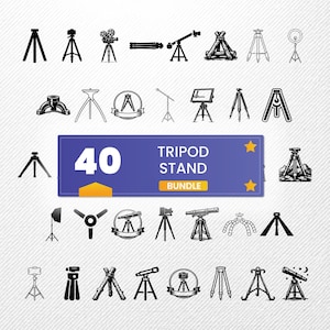 Könnte beinhalten: Eine Sammlung von 40 schwarz-weißen Illustrationen von Stativen. Das Bild zeigt verschiedene Stativdesigns für Kameras, Teleskope und andere Geräte, mit einem blauen Banner mit der Aufschrift "40 TRIPOD STAND BUNDLE".