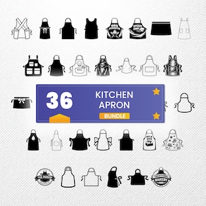 May include: A collection of 36 kitchen apron designs in black and white. The image includes various apron styles, some with text like "BBQ Pitmaster," "Speedy Chef," and "Milk Man." A blue banner reads "36 Kitchen Apron Bundle."