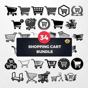 Shopping Cart SVG Bundle, 34 Grocery Trolley Silhouette Designs, Supermarket Buggy Clipart for Cricut, Retail Store PNG, Ecommerce Vector