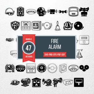 May include: A collection of 47 fire alarm designs in black and white. The designs include various types of alarms, bells, and related equipment. The image features a banner with the text "FIRE ALARM" and file type information.