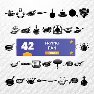 Puede incluir: Una colección de 42 ilustraciones en blanco y negro de sartenes. La imagen presenta varios diseños de sartenes, incluyendo redondas, cuadradas y especiales. El texto "FRYING PAN BUNDLE" se muestra en una pancarta azul.