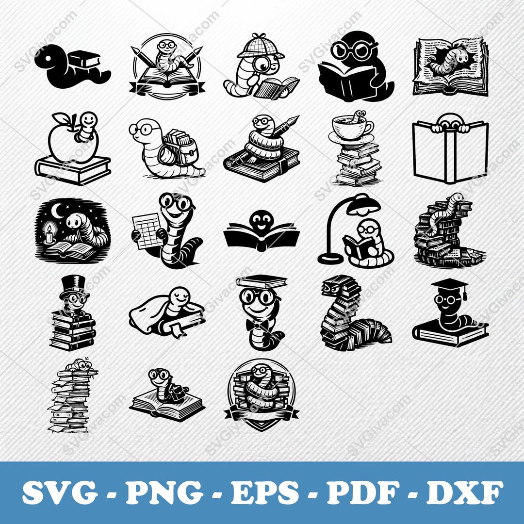 Book Worm SVG Bundle, 23 Cute Bookworm Silhouette Designs, Book Lover ...
