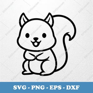 May include: A black and white cartoon squirrel illustration. The squirrel is sitting upright with its paws crossed. It has a large, fluffy tail and a smiling face. The image includes the text "SVG - PNG - EPS - DXF".