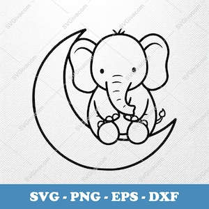 May include: A black and white illustration of a baby elephant seated on a crescent moon. The elephant features large ears and a curled trunk. The image includes the text "SVG - PNG - EPS - DXF" at the bottom.