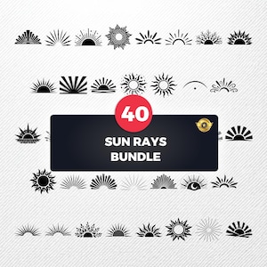 Solstrålar Clipart SVG-paket, 40 vektorillustrationer, PNG eps PDF, Boho Art Deco Sunburst, kommersiellt bruk för tryck