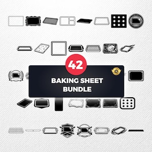 May include: A collection of 42 baking sheet designs in black and white. The designs include rectangular, square, and round shapes, some with textured surfaces. The image features a central banner with the text "BAKING SHEET BUNDLE".
