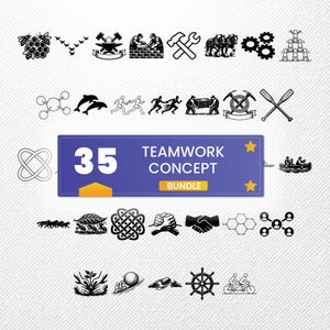 May include: A collection of 35 black and white teamwork concept icons. The icons include images of bees, tools, people working together, and a banner that reads "TEAMWORK CONCEPT BUNDLE".