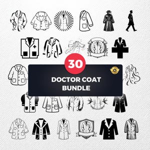 Può includere: Una collezione digitale di 30 illustrazioni in bianco e nero che presentano vari design di camici da medico, inclusi disegni al tratto, sagome e grafiche a emblema, con il testo 30 DOCTOR COAT BUNDLE su un banner rettangolare nero.