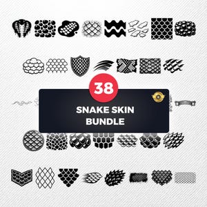 May include: A collection of 38 black and white snake skin patterns and textures. The image includes various designs, such as scales, geometric shapes, and abstract patterns. The text "SNAKE SKIN BUNDLE" is displayed on a black rectangle with a red circle containing the number 38.