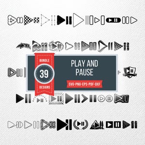 May include: A collection of 39 black and white play and pause design elements. The designs include various play and pause symbols, triangles, and rectangles. The text "PLAY AND PAUSE" is displayed on a dark gray background.