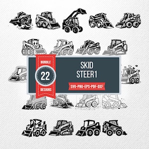 Pode incluir: Uma coleção de 22 designs de carregadeiras compactas em preto e branco. Os designs incluem vários estilos de carregadeiras compactas, com o texto "SKID STEER 1" e "22 DESIGNS" em um fundo cinza escuro.