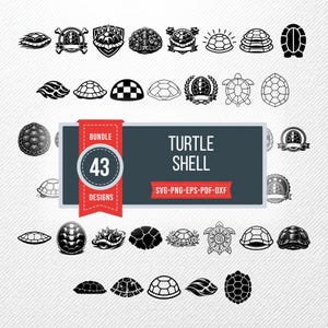 May include: A collection of 43 turtle shell designs in various styles, including detailed illustrations and simple outlines. The designs are in black and white, with a banner that reads "Turtle Shell" and file type information.