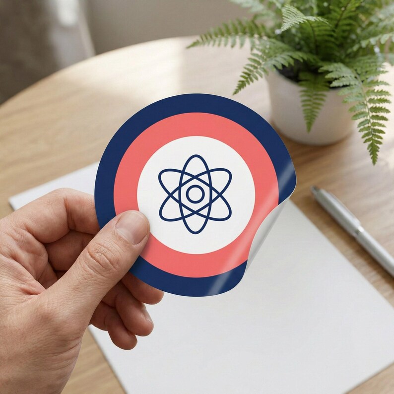 May include: A circular sticker design with a white central area displaying a blue atom symbol, encircled by coral and navy blue rings. The sticker is held by a hand.