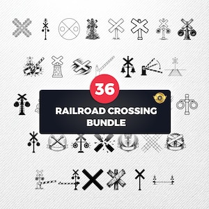May include: A collection of 36 black and white graphic illustrations depicting various railroad crossing signs, signals, and barriers. The central black rectangular label features the white text 36 RAILROAD CROSSING BUNDLE.