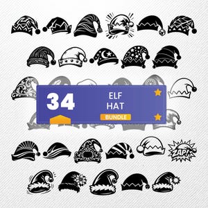 Elf Hat SVG Bundle, 34 Santa Helper Hat Silhouette Designs, Holiday Cap Clipart for Cricut, Festive Headwear PNG, Christmas Hat Vector