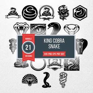 Può includere: Una collezione di 21 disegni di serpente Cobra Reale in bianco e nero. I disegni includono varie illustrazioni di serpenti, alcune con rose, banner e forme geometriche. È presente anche il testo "KING COBRA SNAKE" e "21 DESIGNS".