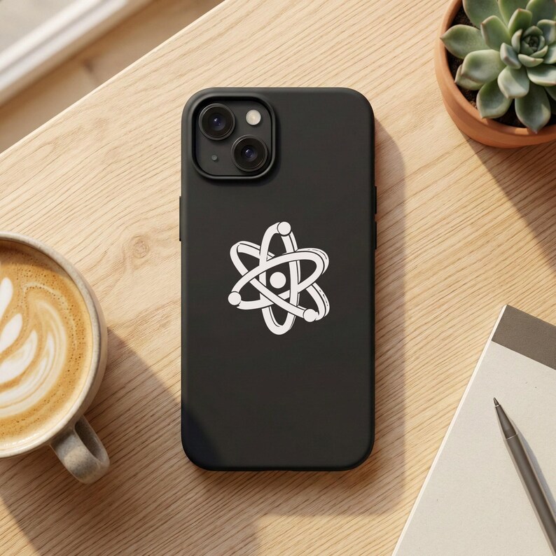 May include: Black smartphone case with a white atom symbol design. The case has a glossy finish and a dual-lens camera cutout. The image is set on a light wood surface, with a cup of coffee and a small potted succulent in the background.