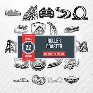 Puede incluir: Un conjunto de 22 diseños de montañas rusas en blanco y negro. La imagen muestra coches, pistas y bucles. También incluye el texto "ROLLER COASTER" y "SVG-PNG-EPS-PDF-DXF".