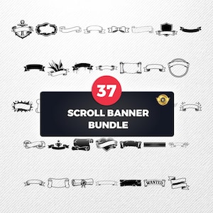May include: A collection of 37 scroll banner designs in black and white. The designs include ribbons, scrolls, and badges, with the text "SCROLL BANNER BUNDLE" on a dark background. A red circle displays the number "37".