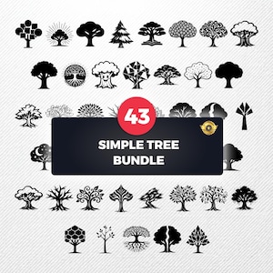 May include: A set of 43 black and white tree illustrations, featuring diverse designs. The image includes a banner with "SIMPLE TREE BUNDLE" and a red circle with the number "43". The trees range from detailed to simple styles.