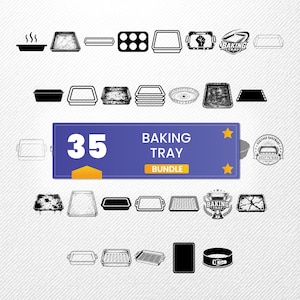 Paquete de archivos SVG para bandejas de horno, 35 diseños de siluetas de bandejas para galletas, imágenes prediseñadas de bandejas para hornear para Cricut, PNG de bandeja para asar, vector de utensilios para hornear, SVG de bandeja para horno