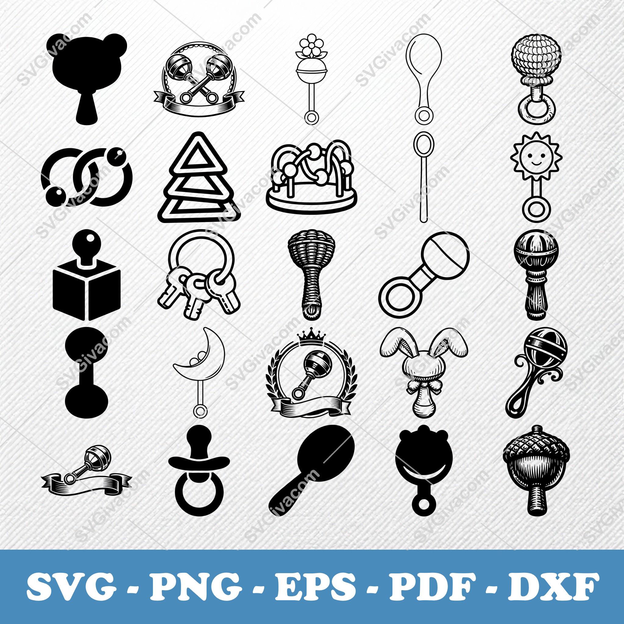 Baby Rattle SVG Bundle, 40 Infant Toy Silhouette Designs, Teether ...